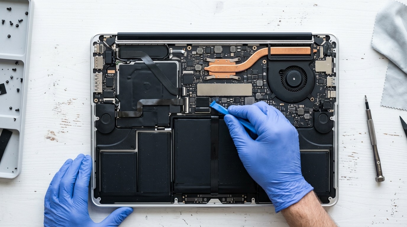 Technicien IT Cares qui remplace la batterie d'un MacBook avec un outil de précision