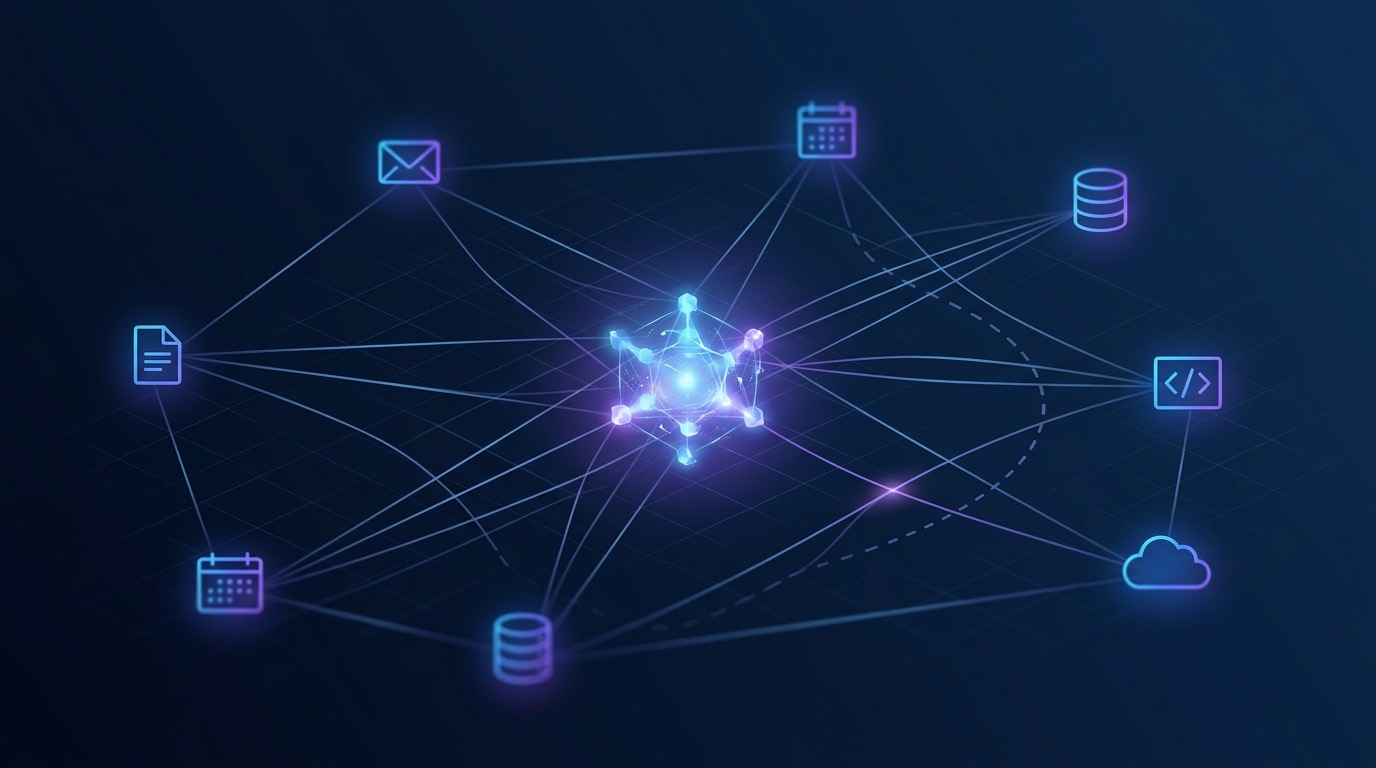 Autonomous AI agent connected to multiple business systems — abstract representation of permission and security boundaries