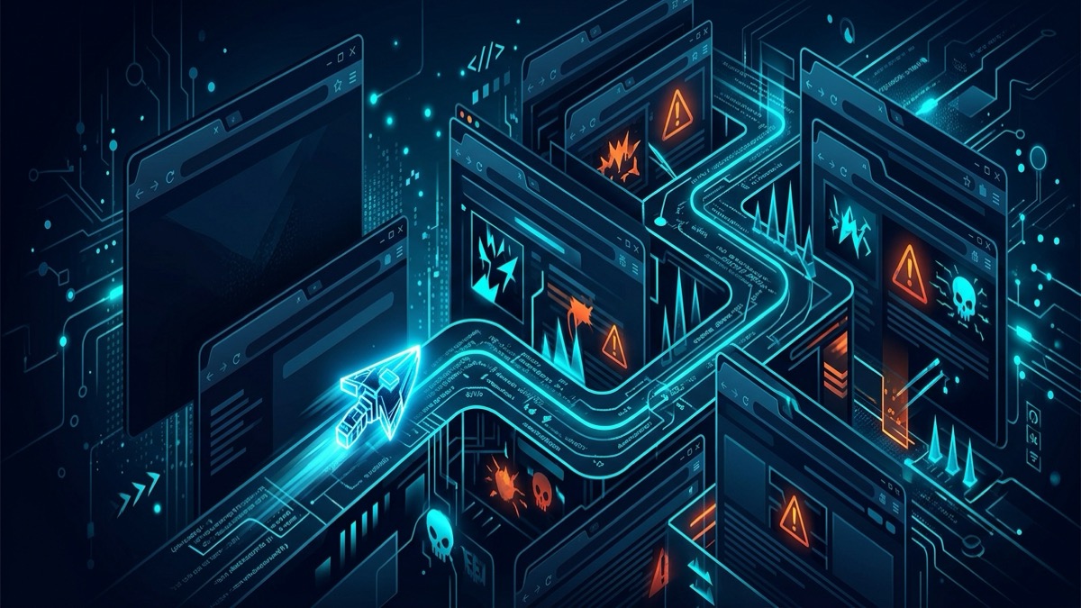 Autonomous AI browser agent navigating a maze of browser windows with hidden security hazards, illustrating prompt injection risk