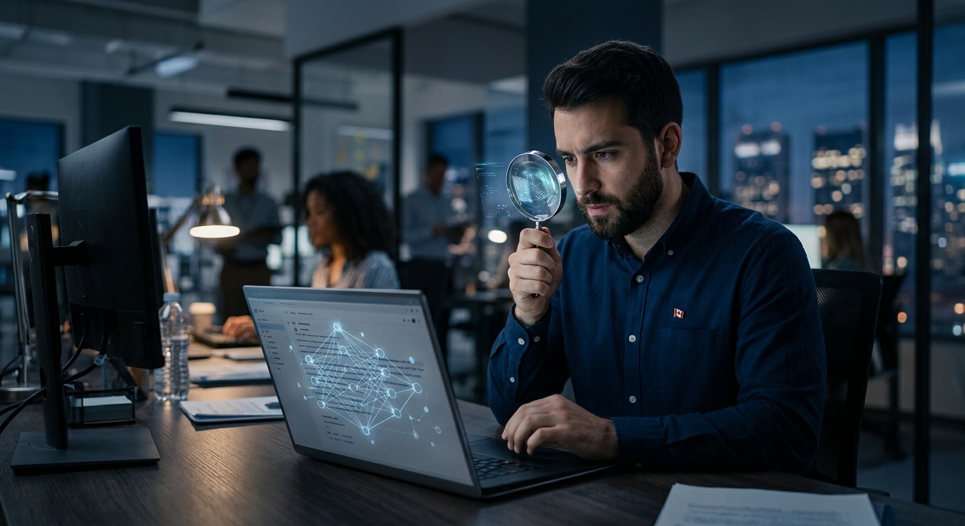A Canadian professional examining an AI-generated phishing email on a laptop, with a glowing neural network pattern overlay symbolizing the artificial intelligence behind the message