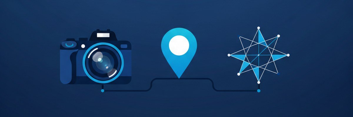 Illustration of a camera, a map pin and an AI sparkle symbol connected by a line, representing real photos, local SEO and AI visuals