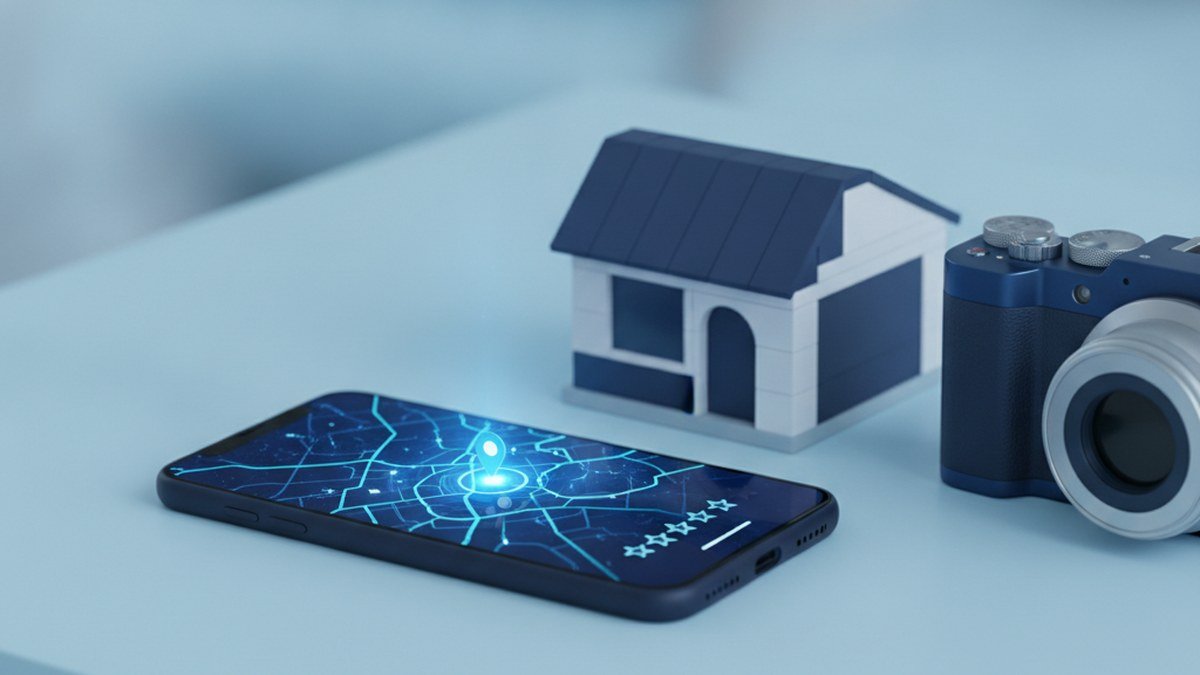 Smartphone showing a map with a blue location pin beside a small storefront model and a camera, illustrating AI images and Google Business Profile local SEO