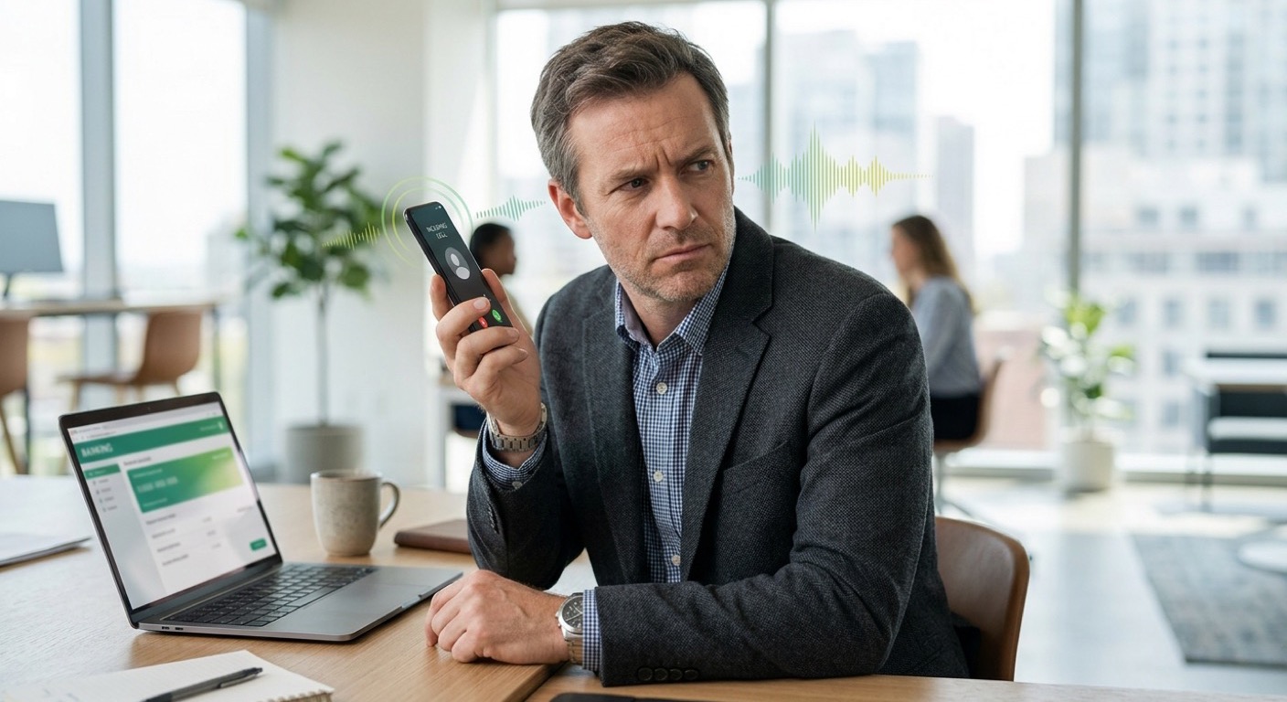 Canadian business finance professional looking skeptically at an incoming call on their phone, questioning whether the voice on the line is a real executive or an AI voice clone