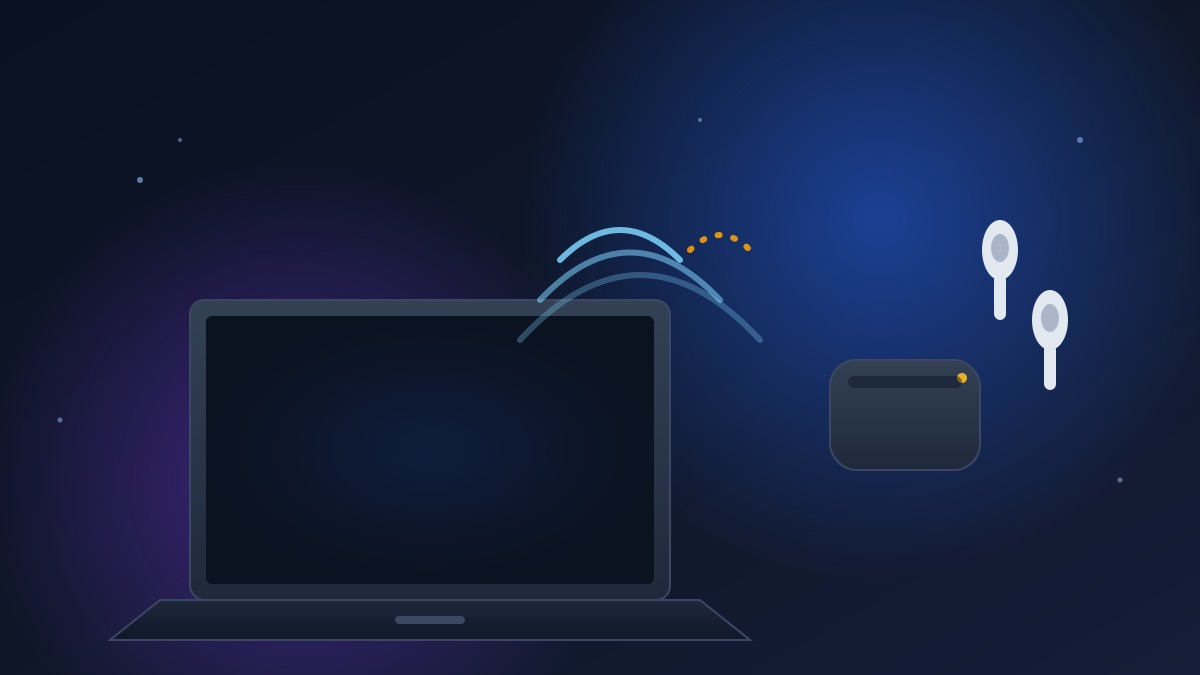 Laptop and wireless earbuds with a broken Bluetooth signal wave representing an AirPods connectivity troubleshooting fix