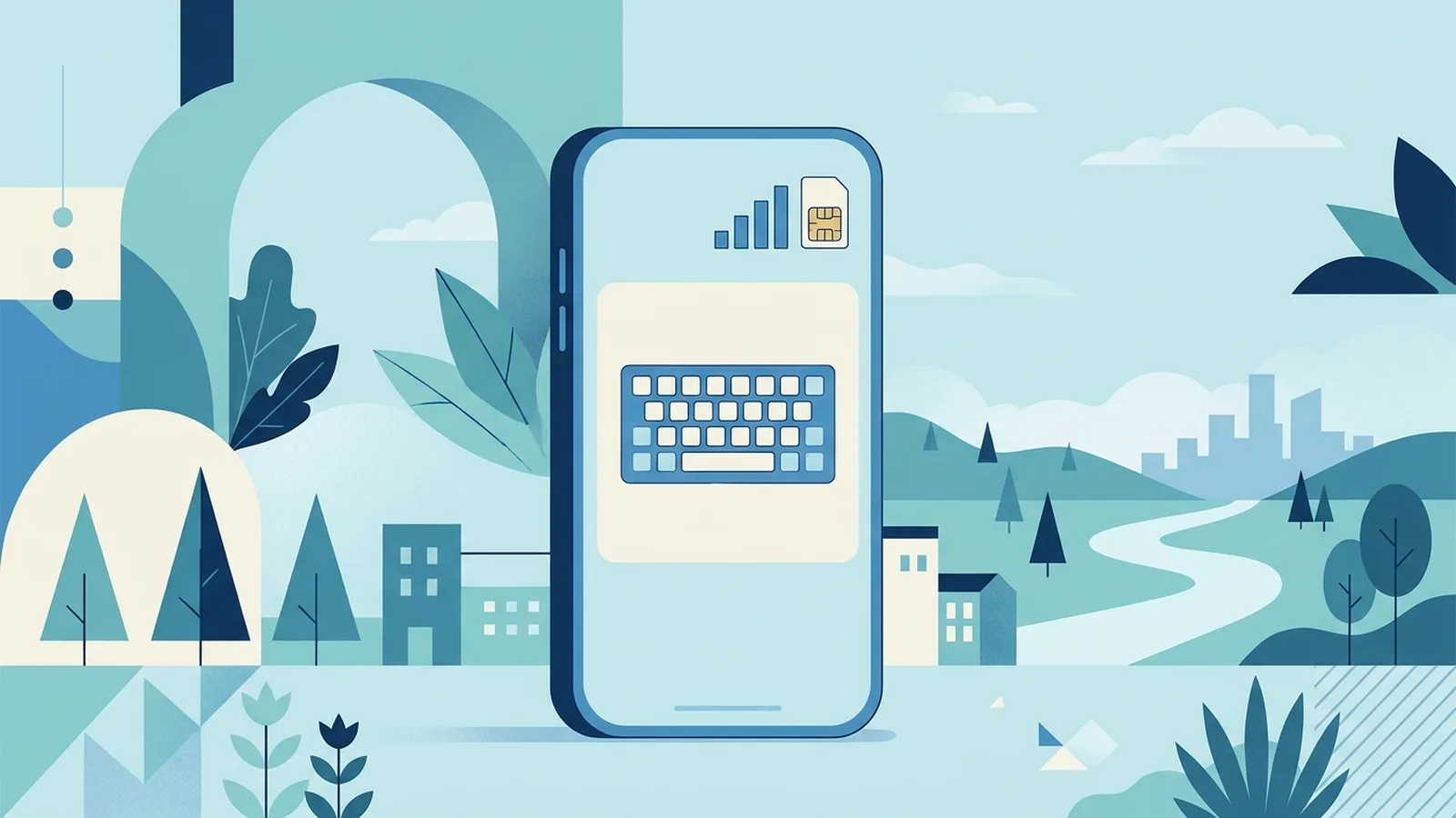 Smartphone with a keyboard, signal bars and a SIM card in a calm blue illustration