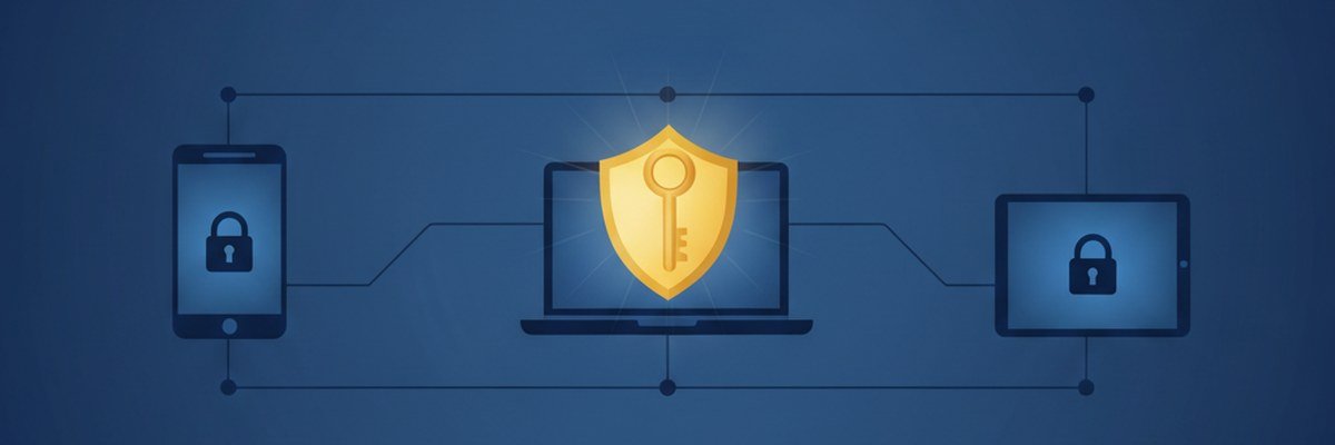Illustration of a phone, laptop and tablet with padlocks connected to a golden key and shield, representing account recovery