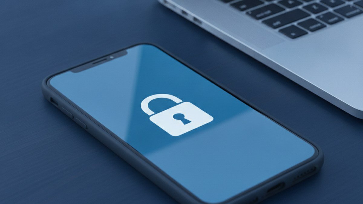 Smartphone with a padlock on its lock screen next to a laptop, illustrating a locked Apple Account and iCloud recovery