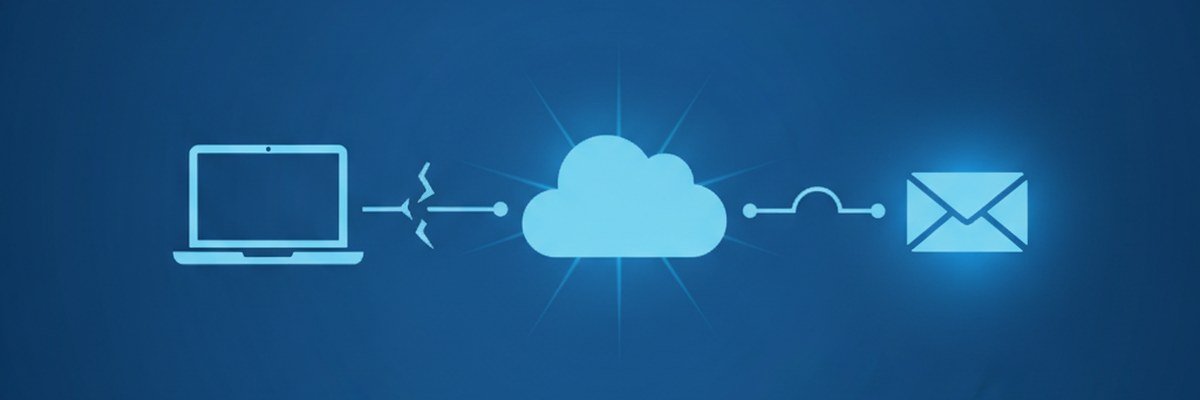 Illustration of a laptop with a broken connection to the cloud and an alternate path to an email envelope