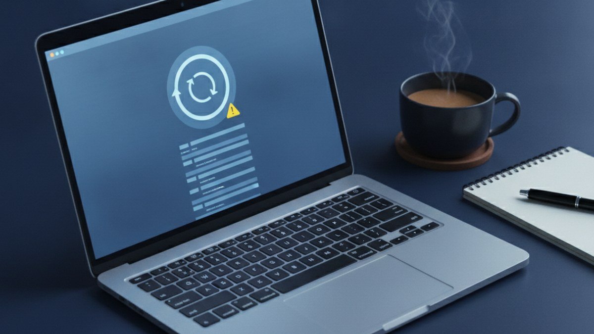 MacBook showing an email sync icon with a warning triangle, illustrating Apple Mail not syncing Microsoft 365