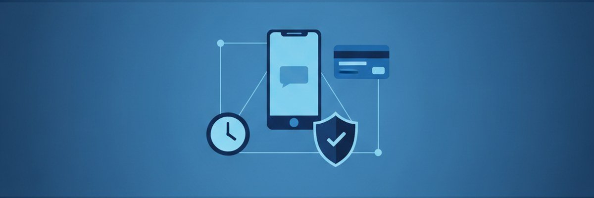 Illustration d'un téléphone, d'une carte bancaire et d'un bouclier symbolisant la protection après une arnaque par texto