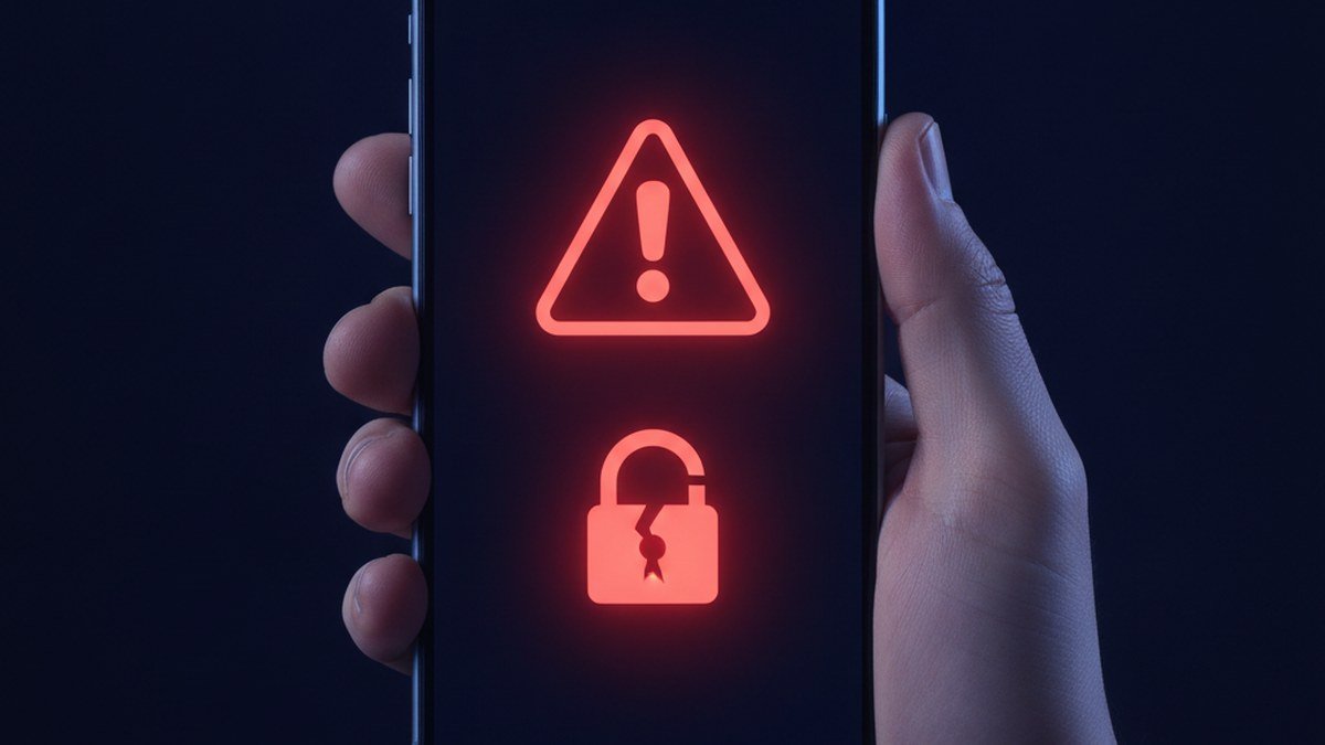 Téléphone intelligent affichant un message d'alerte et un cadenas brisé après un texto frauduleux, ambiance bleu marine