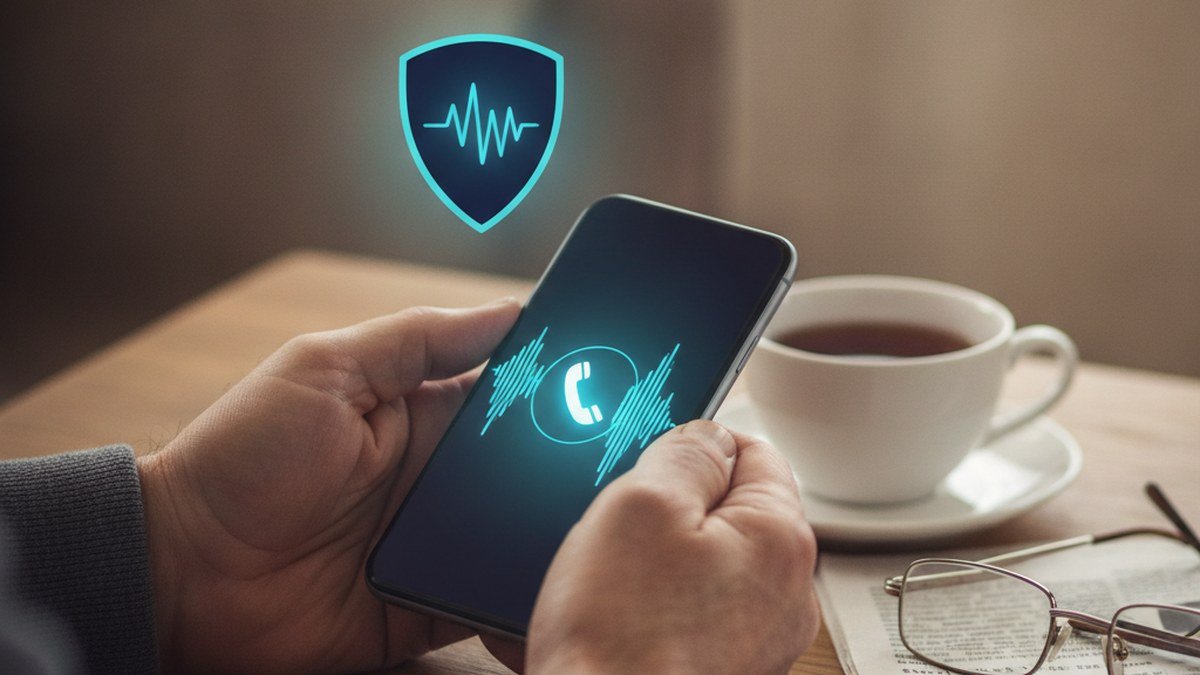 Personne tenant un téléphone intelligent avec un appel entrant et une onde sonore, symbole de protection contre l'arnaque de la voix clonée par IA