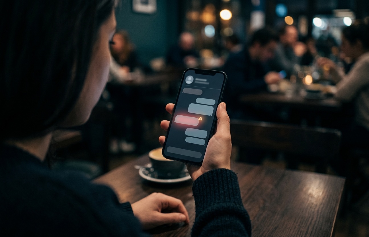 Person reviewing a dating app conversation with a visual warning cue on the screen