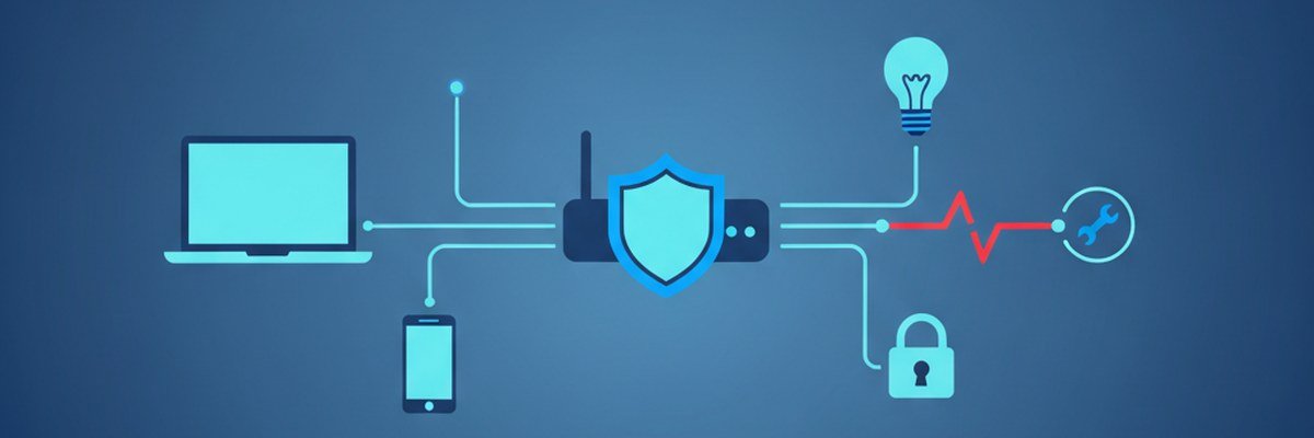 Illustration of a router with a shield connected to a laptop, phone, smart bulb and padlock, with one broken link being repaired