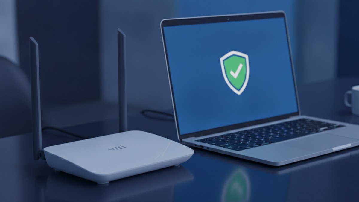 White Wi-Fi router next to a laptop showing a green shield with a checkmark, representing a router firmware security update