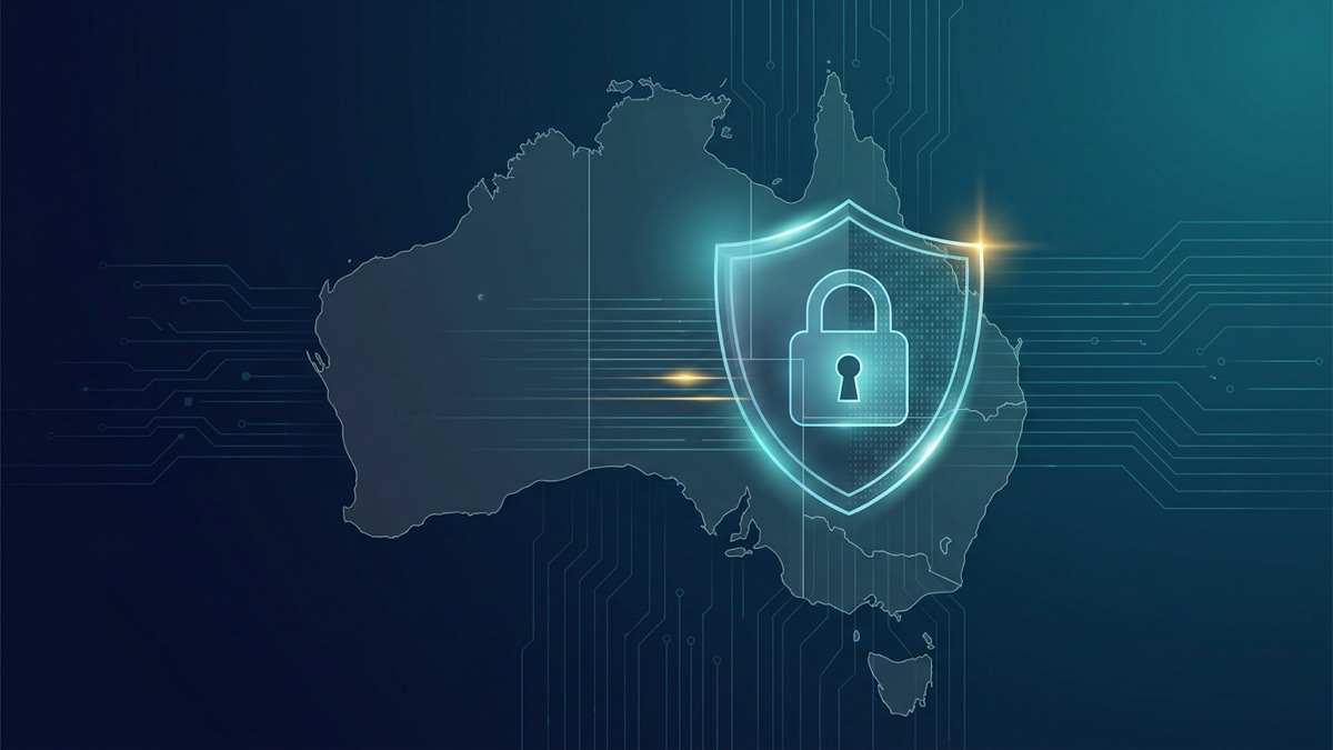 Digital shield and padlock over a stylized map of Australia, representing Privacy Act 1988 compliance for small business