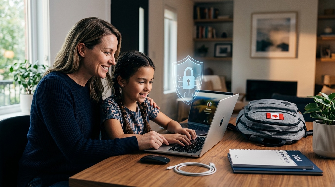 Parent and child setting up a new laptop safely at home for back-to-school season, with security software protecting the device