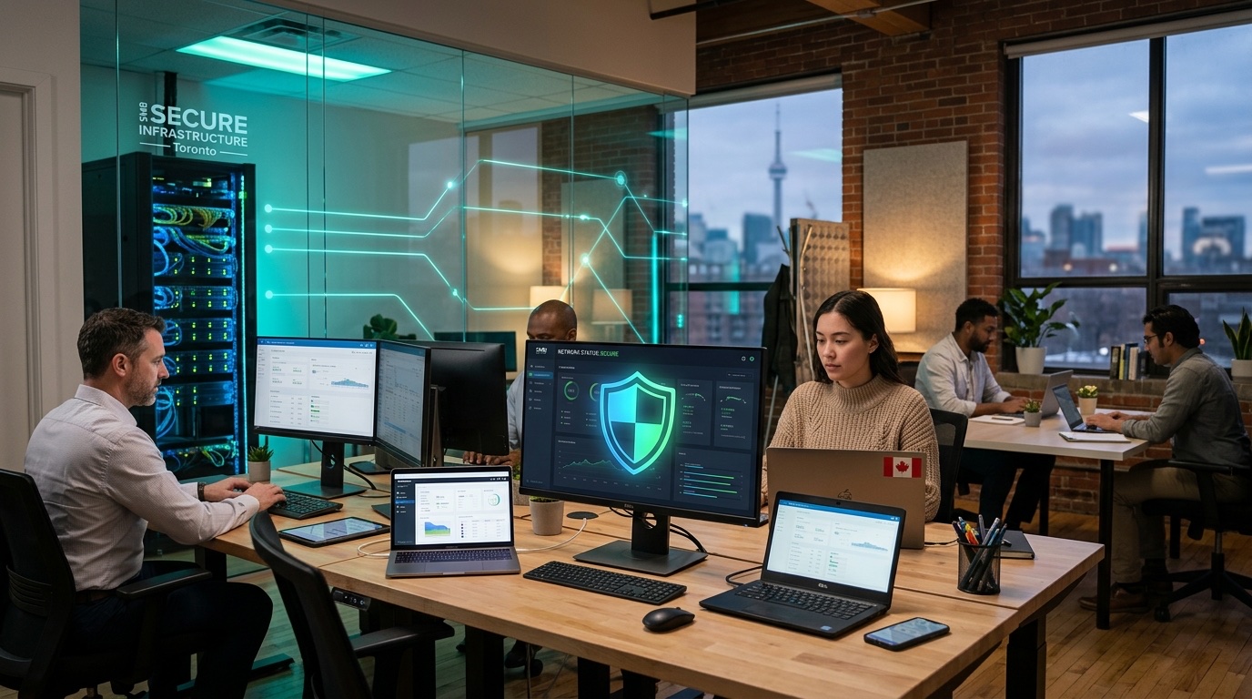 Small business antivirus security shield on office monitor