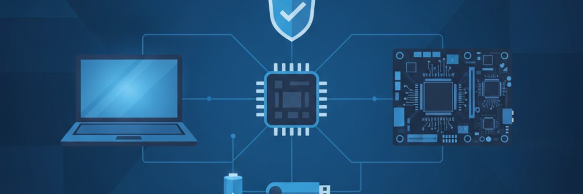 Flat illustration of a motherboard with a chip, USB drive, laptop and shield representing BIOS firmware recovery