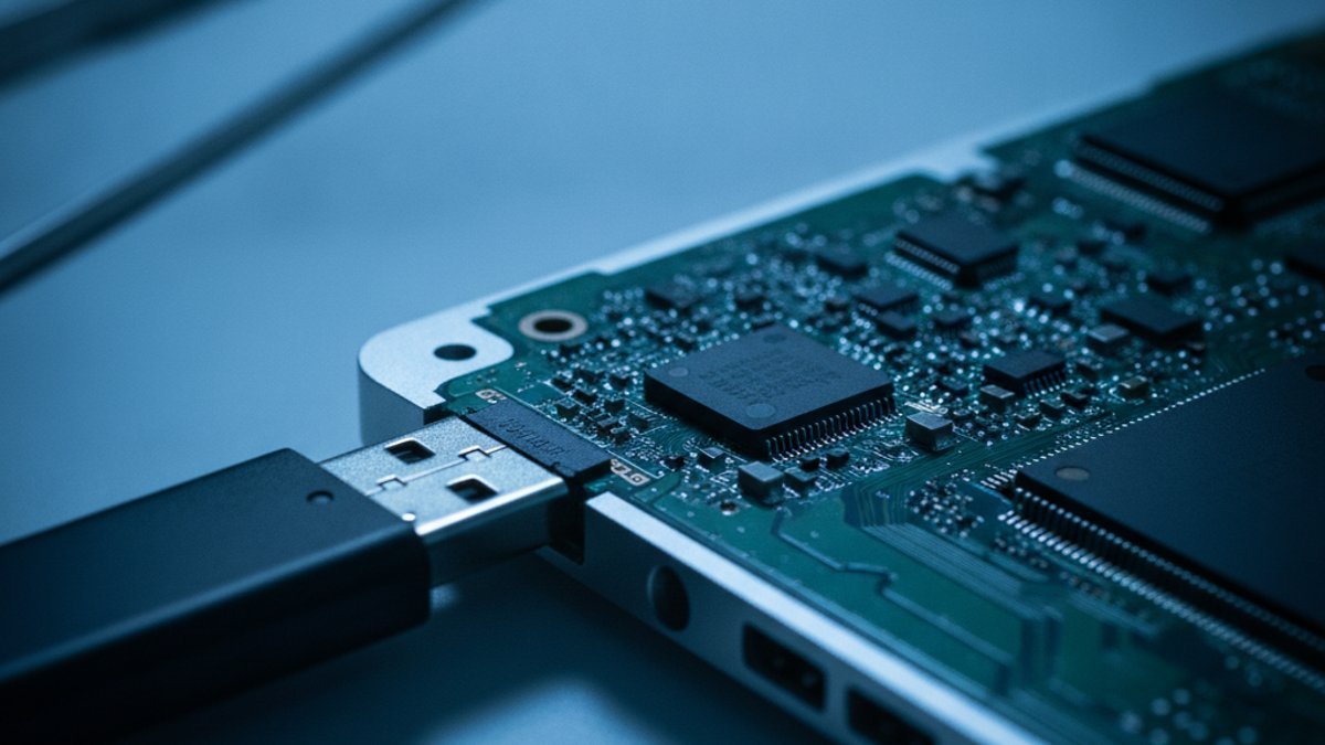 Laptop motherboard with a small BIOS flash memory chip and a USB stick on a workbench, illustrating BIOS update failure and recovery