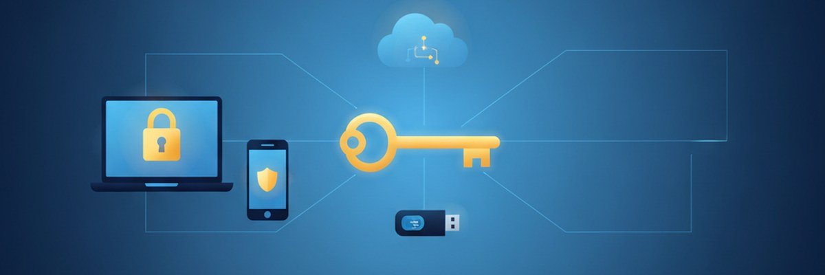 Illustration of a digital key unlocking an encrypted laptop drive protected by BitLocker