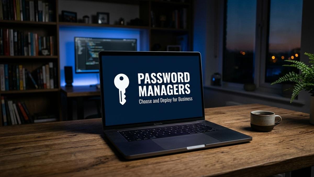 Laptop screen displaying 'Password Managers: Choose and Deploy for Business' with a key icon, home office desk at dusk