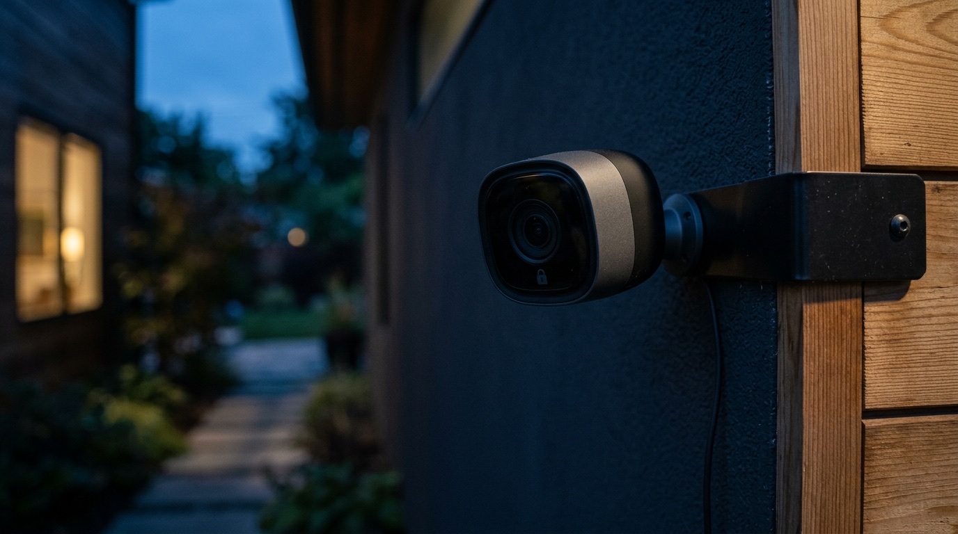 Smart security camera mounted on an exterior wall at dusk, representing privacy and security risks of connected cameras