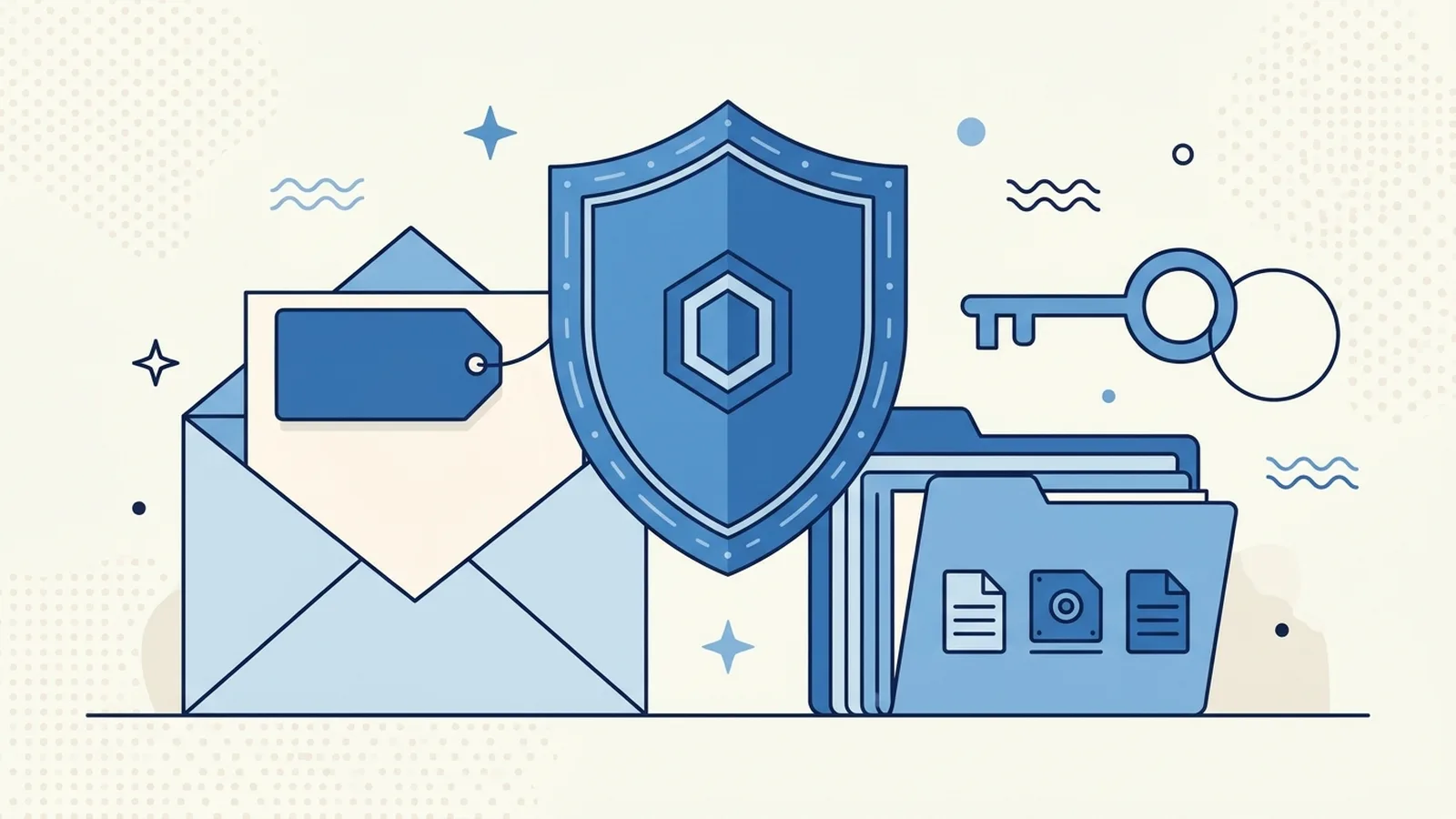 Illustration of an email envelope being relabeled while a shield and backup folder stand beside it
