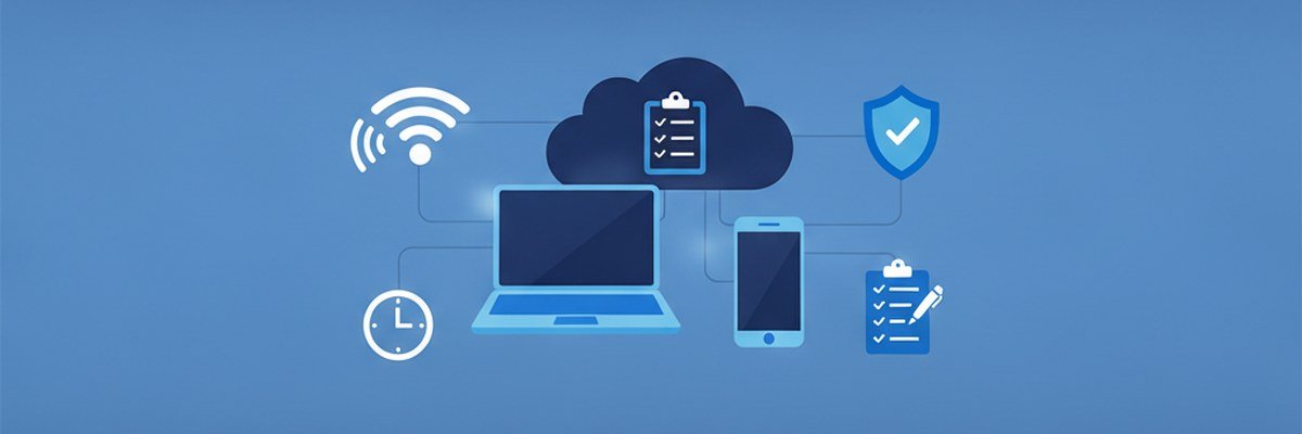 Illustration of a laptop, phone, cloud checklist, Wi-Fi, clock and shield representing the checks for an AI chatbot that will not load
