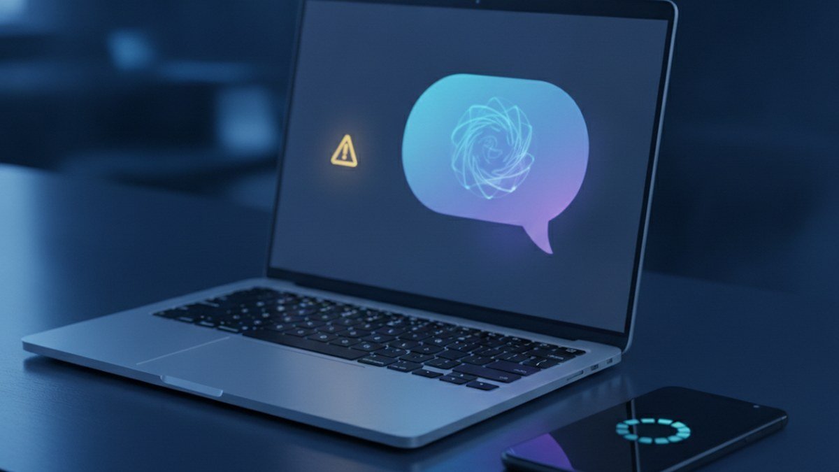 Laptop showing a chat bubble with a warning icon and a phone with a loading spinner, illustrating an AI chatbot that is not working