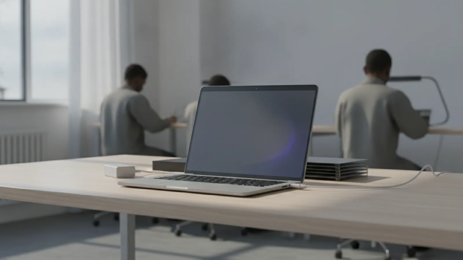 Thin light grey laptop with a charger cable plugged in and a dark screen on a desk