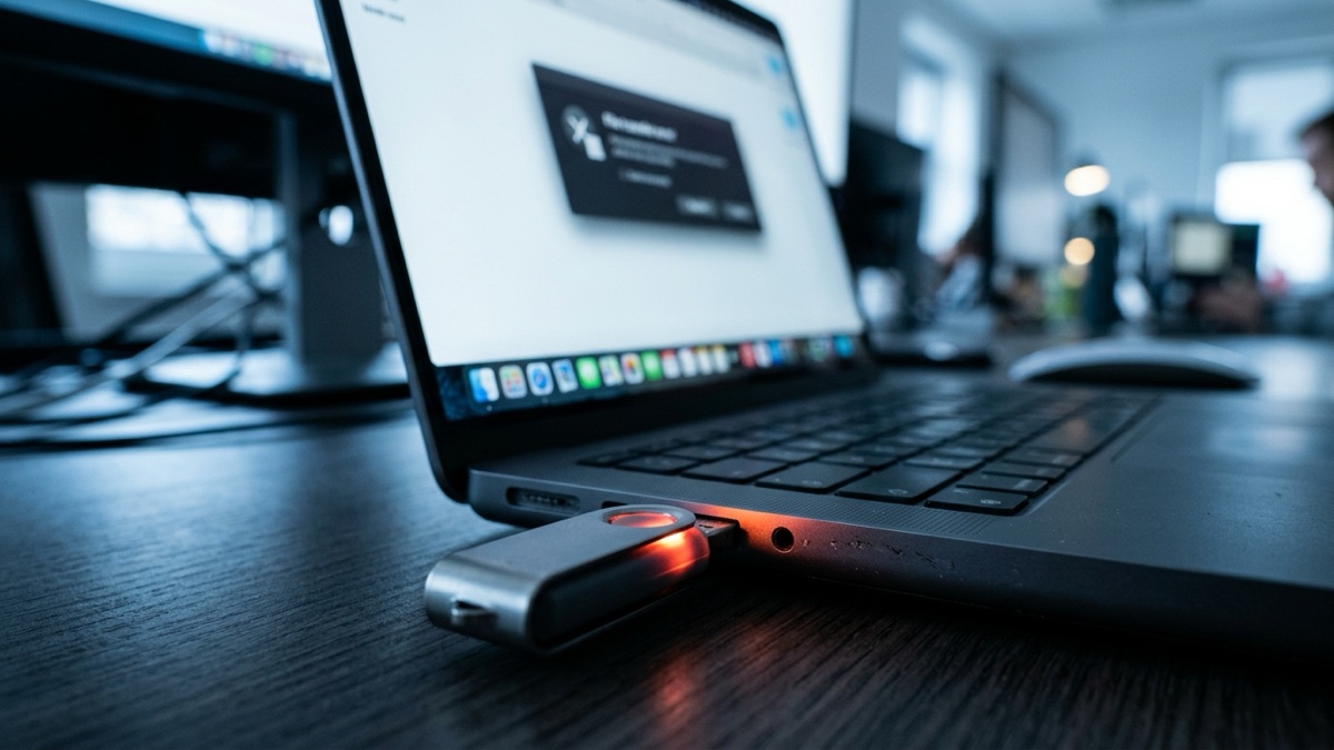 Clé USB corrompue branchée à un ordinateur portable avec voyant d'avertissement rouge