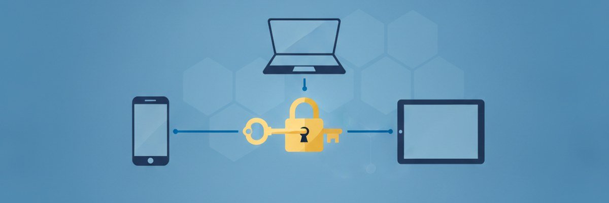 Illustration d'un cadenas, d'une clé et d'appareils connectés représentant la récupération d'un compte Apple