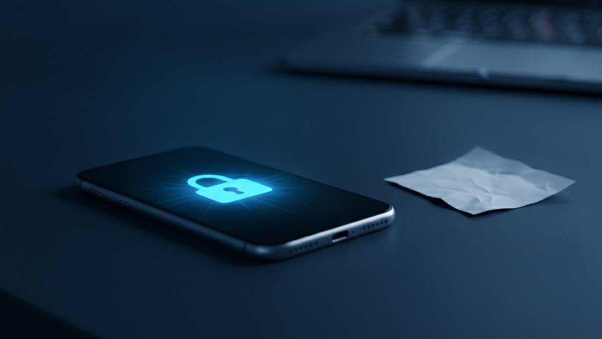 Téléphone intelligent avec cadenas bleu sur un bureau, illustrant un compte Apple et iCloud verrouillé