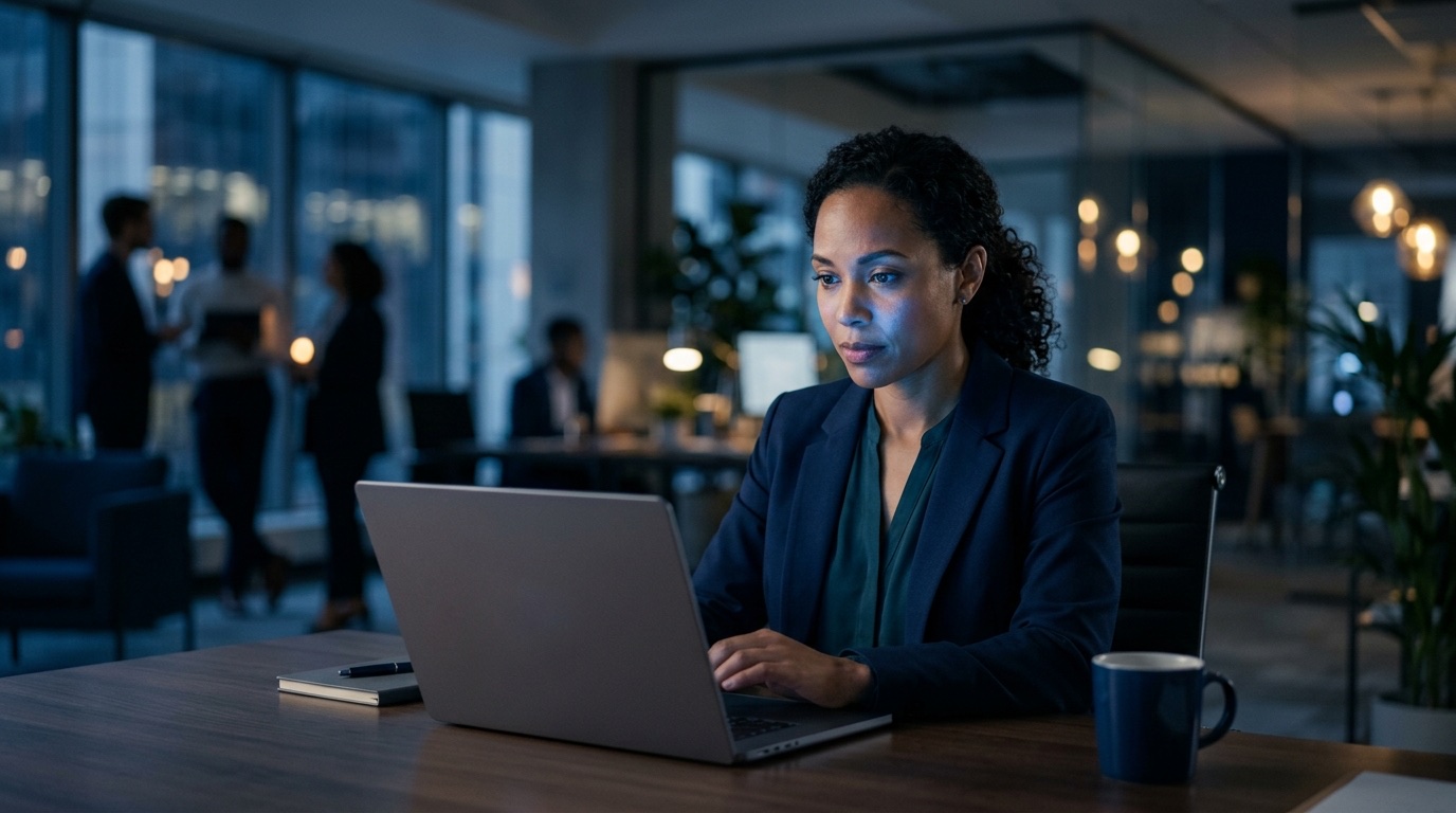 Office professional using an AI assistant on a laptop, navy-toned editorial photo