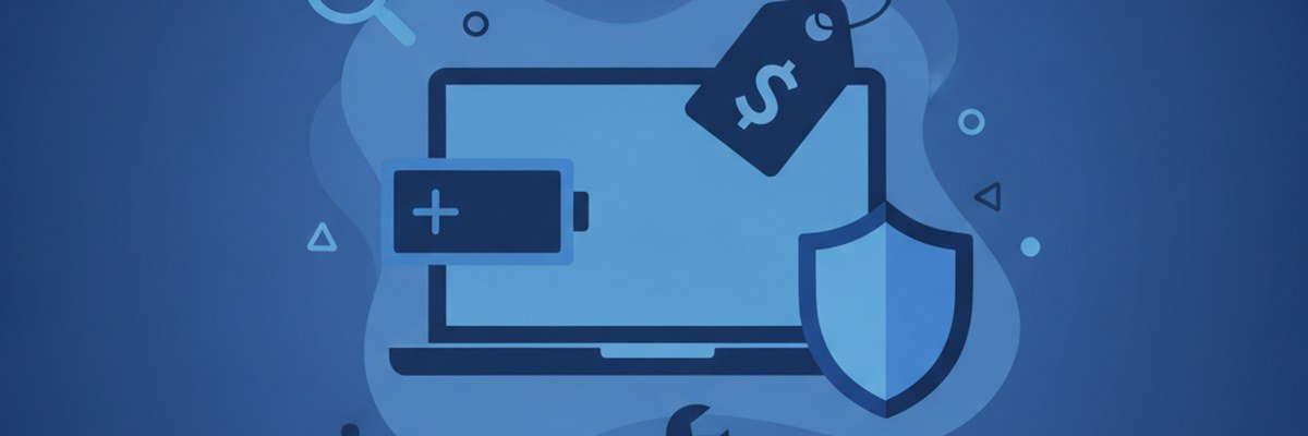 Illustration d'un portable avec une étiquette de prix, une batterie, une clé et une loupe pour comparer les coûts de réparation