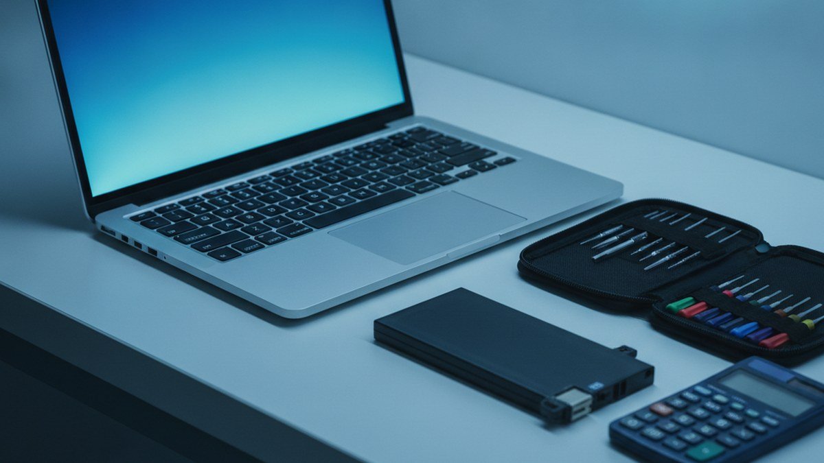 Portable argenté sur un établi avec tournevis de précision et batterie de remplacement, illustrant le coût de réparation d'un MacBook au Québec