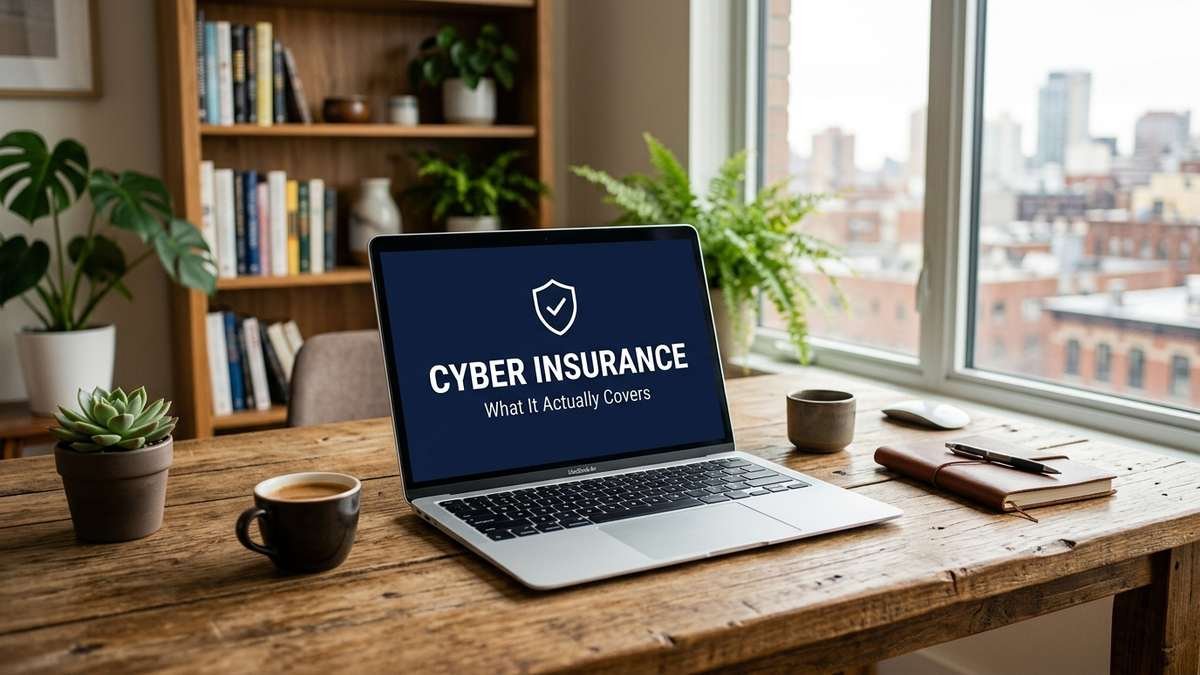 Laptop screen displaying 'Cyber Insurance: What It Actually Covers' with a shield checkmark icon, on a wooden desk with a city skyline view