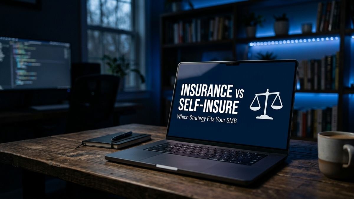 Laptop screen displaying 'Insurance vs Self-Insure: Which Strategy Fits Your SMB' with a balance scale icon, home office desk at dusk