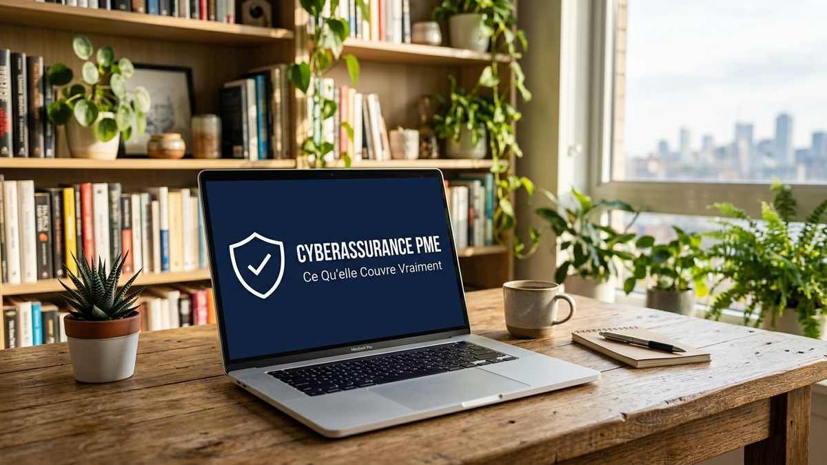 Ecran d'ordinateur portable affichant Cyberassurance PME et Ce Qu'elle Couvre Vraiment avec une icone de bouclier, bureau avec vue sur la ville