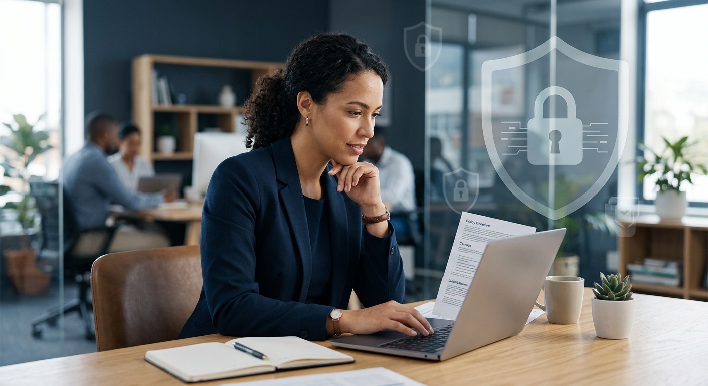 Canadian IT administrator managing a business password manager admin console, reviewing shared vaults and user access on a laptop in an office