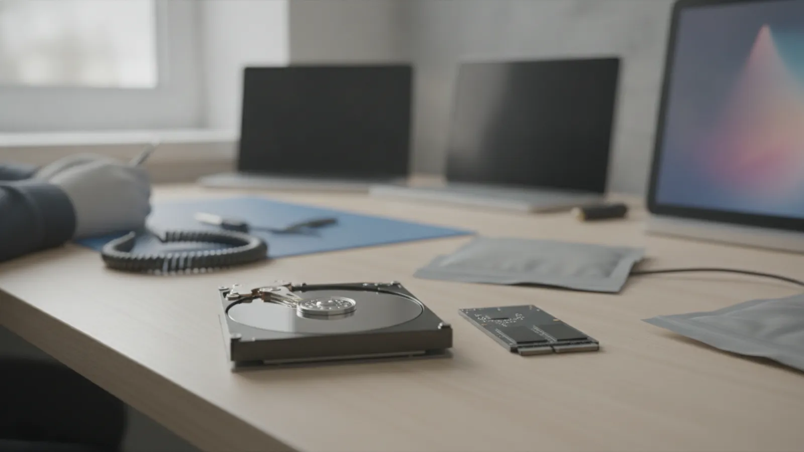 Opened hard drive showing its platter next to a small SSD on a clean workbench
