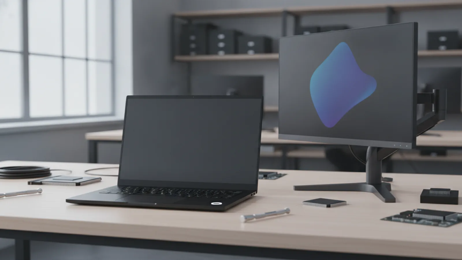 Black business laptop with a dark screen and a small lit LED on a clean workshop desk
