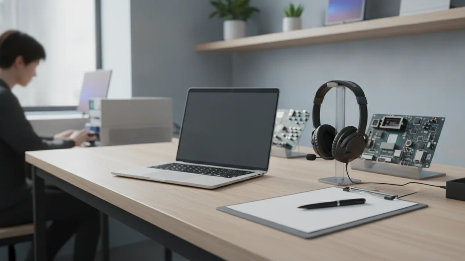 Remote support desk with a laptop, headset and clipboard for preparing a device failure report