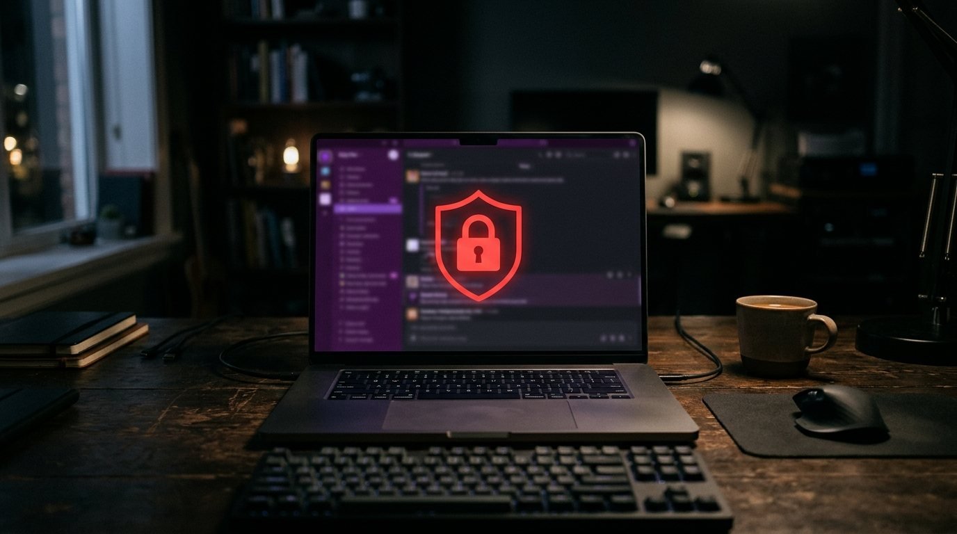 Laptop screen with a chat app logo behind a red warning shield and padlock, representing a hacked or disabled Discord account