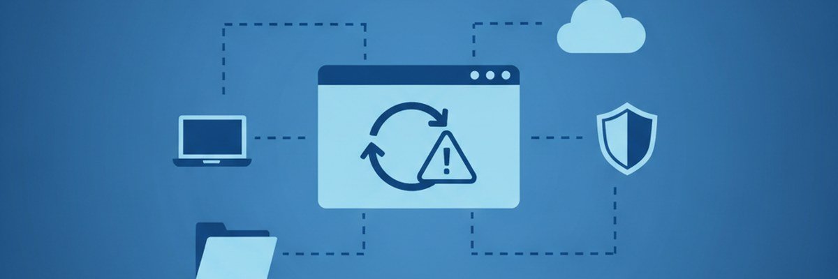 Illustration of a desktop chat app with a retry arrow and warning triangle being repaired on a laptop with a shield and folder