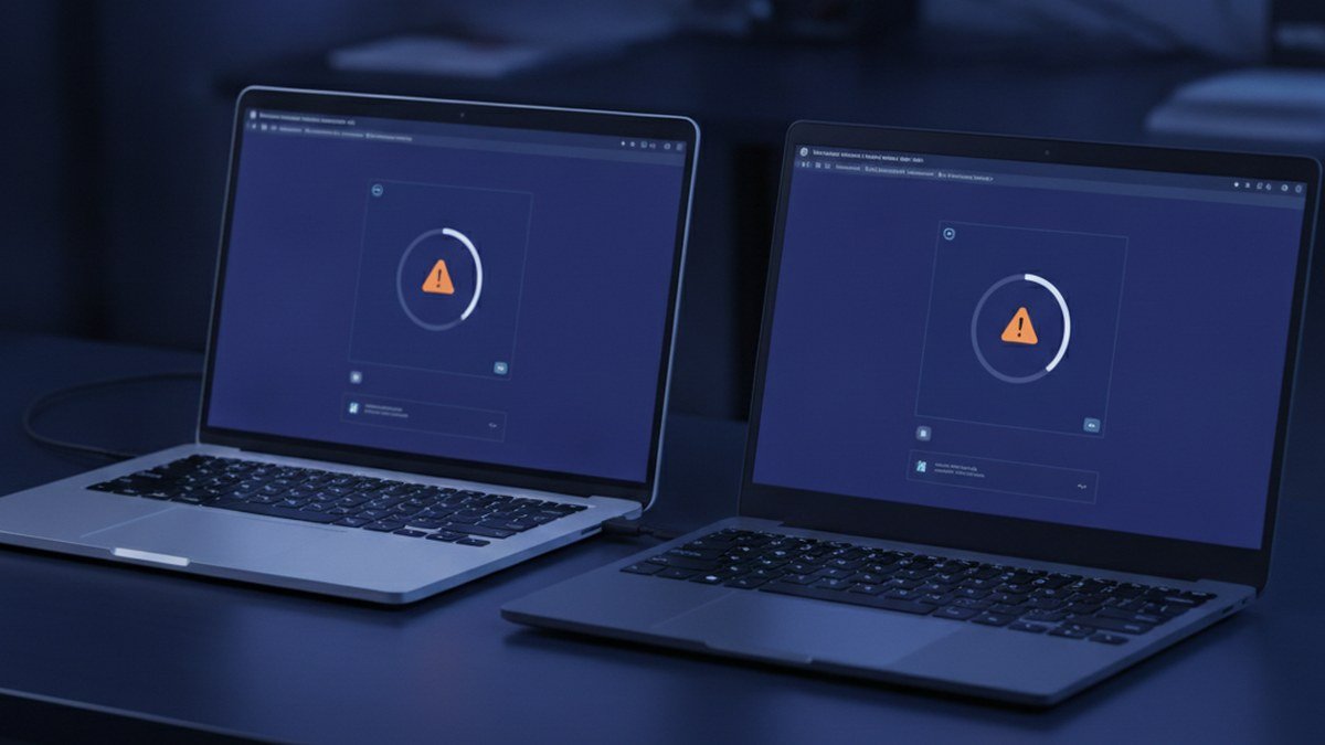 Two laptops, a Mac and a Windows PC, each showing a chat app stuck on a loading spinner with a warning triangle after a failed Discord update