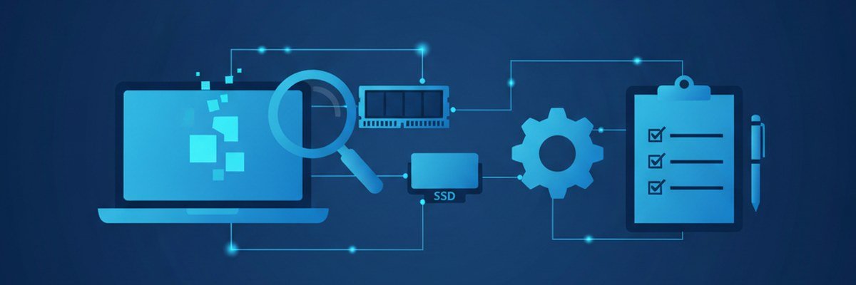 Illustration d'un portable, d'une barrette de mémoire, d'un SSD et d'une liste de vérification pour départager matériel et logiciel
