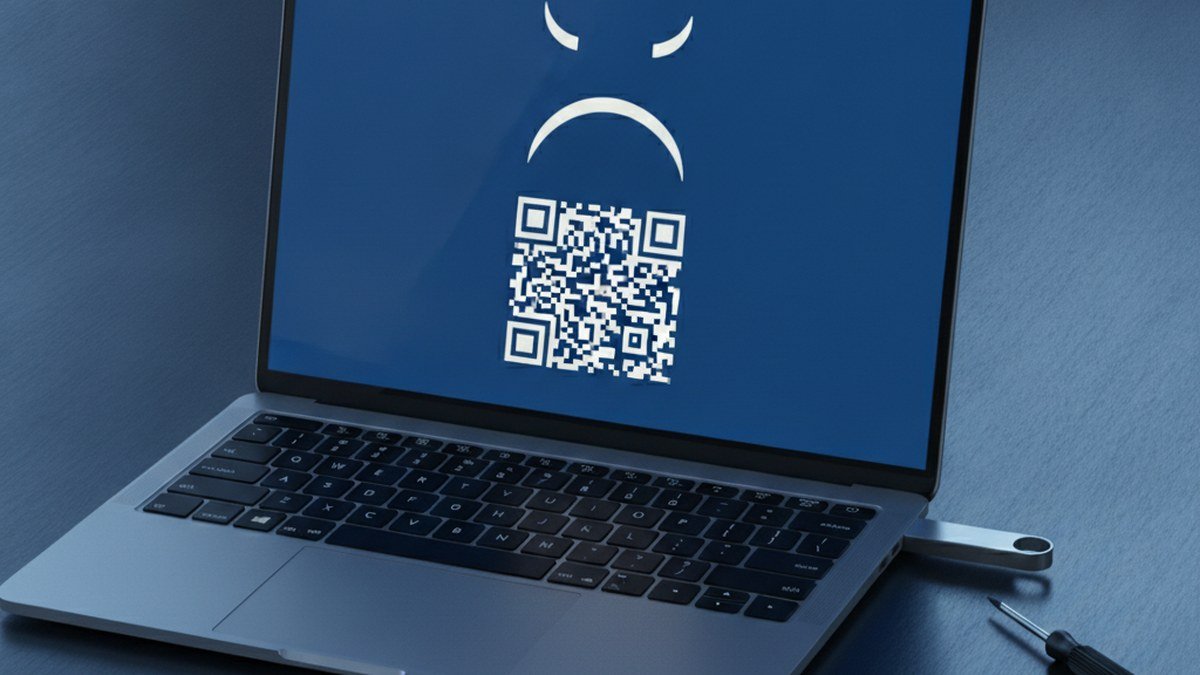 Portable Windows 11 affichant un écran bleu avec émoticône triste et code QR, pour diagnostiquer un code d'arrêt