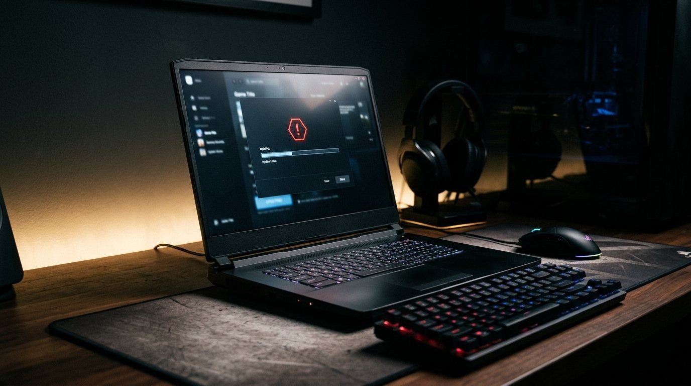 Gaming laptop on a desk showing a game launcher with a frozen progress bar and a red warning symbol